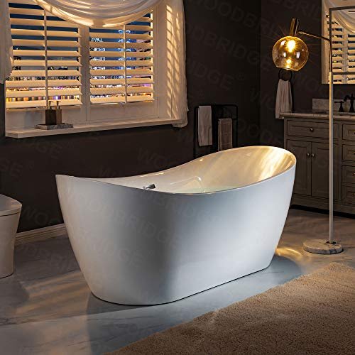 WOODBRIDGE 71" Acrylic Freestanding Bathtub Contemporary Soaking White Tub with Brushed Nickel Overflow and Drain,B0017-BN