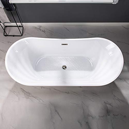 WOODBRIDGE 71" Acrylic Freestanding Bathtub Contemporary Soaking White Tub with Brushed Nickel Overflow and Drain,B0017-BN