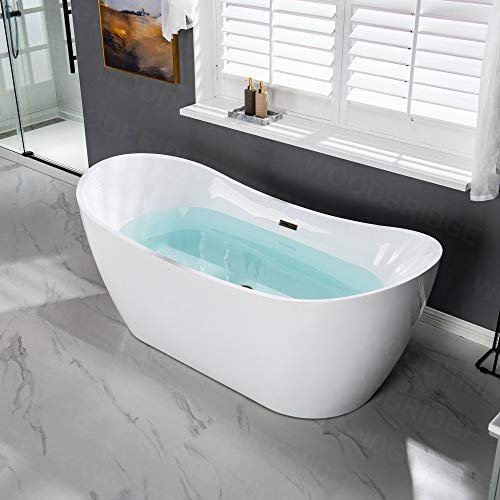 WOODBRIDGE 71" Acrylic Freestanding Bathtub Contemporary Soaking White Tub with Oil Rubbed Bronze Overflow and Drain,B0017-ORB