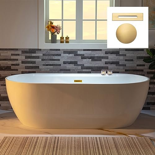 WOODBRIDGE 72" Acrylic Freestanding Bathtub Contemporary Soaking White Tub with Brushed Gold Overflow and Drain,B0059-BG