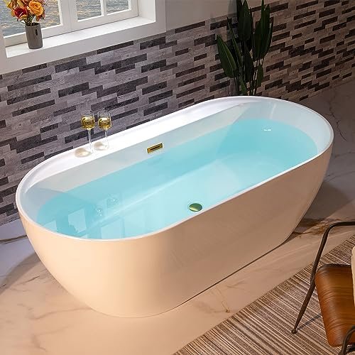 WOODBRIDGE 72" Acrylic Freestanding Bathtub Contemporary Soaking White Tub with Brushed Gold Overflow and Drain,B0059-BG