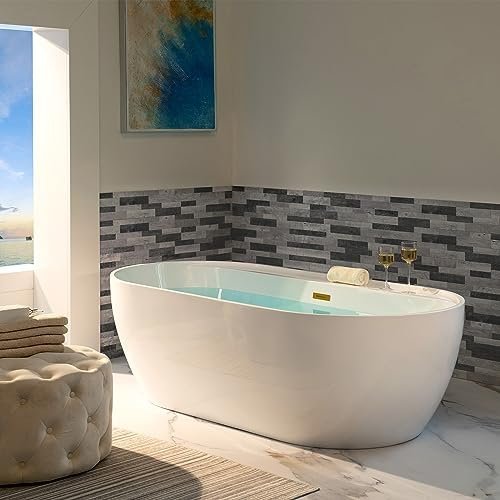 WOODBRIDGE 72" Acrylic Freestanding Bathtub Contemporary Soaking White Tub with Brushed Gold Overflow and Drain,B0059-BG