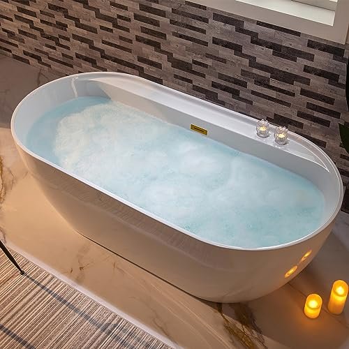 WOODBRIDGE 72" Acrylic Freestanding Bathtub Contemporary Soaking White Tub with Brushed Gold Overflow and Drain,B0059-BG