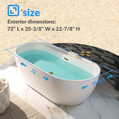 WOODBRIDGE 72" Acrylic Freestanding Bathtub Contemporary Soaking White Tub with Brushed Gold Overflow and Drain,B0059-BG