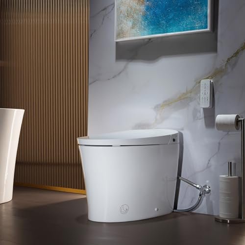 WOODBRIDGE Smart Bidet Toilet, Auto Open & Close, Auto Flush, Foot Sensor Operation, Heated Seat and Integrated Multi Function Remote Control in White