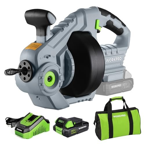 WORKPRO 20V Electric Drain Auger, 25Ft Plumbing Snake Drain Hair Removal Tool Set with 2.0AH Battery and Charger, Toilet Snake for Sewer, Bathroom, Sink, Drain Snake 3/4"-2" Pipe