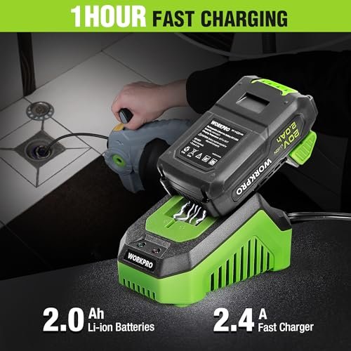 WORKPRO 20V Electric Drain Auger, 25Ft Plumbing Snake Drain Hair Removal Tool Set with 2.0AH Battery and Charger, Toilet Snake for Sewer, Bathroom, Sink, Drain Snake 3/4"-2" Pipe