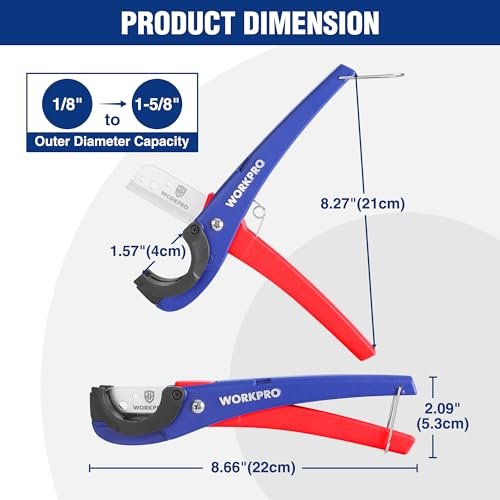 WORKPRO PEX Cutter, Hose Cutter with 1/8"-1-5/8" Cutting Capacity, specific angle(30°, 45°) for cutting rectangular cord cover, Tubing Cutter for PPR, PE, PP, Suitable for Home and Plumbing Repairs