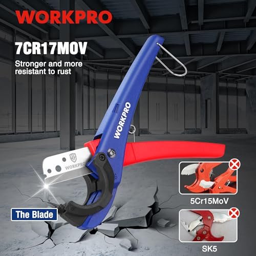 WORKPRO PEX Cutter, Hose Cutter with 1/8"-1-5/8" Cutting Capacity, specific angle(30°, 45°) for cutting rectangular cord cover, Tubing Cutter for PPR, PE, PP, Suitable for Home and Plumbing Repairs