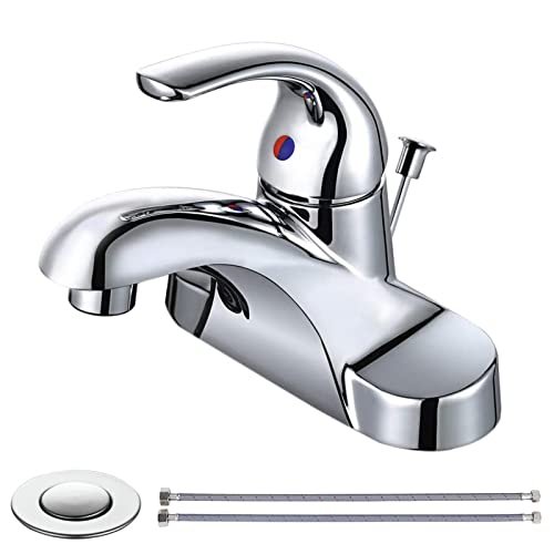 WOWOW Bathroom Faucet 1 Handle Low Arc Single Handle 4 inch Centerset Bathroom Sink Faucet with Lift Rod Drain Assembly Basin Mixer Tap Chrome Vanity Taps