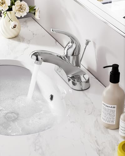 WOWOW Bathroom Faucet 1 Handle Low Arc Single Handle 4 inch Centerset Bathroom Sink Faucet with Lift Rod Drain Assembly Basin Mixer Tap Chrome Vanity Taps