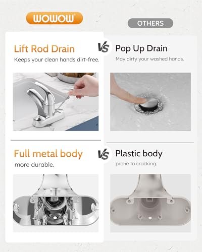 WOWOW Bathroom Faucet 1 Handle Low Arc Single Handle 4 inch Centerset Bathroom Sink Faucet with Lift Rod Drain Assembly Basin Mixer Tap Chrome Vanity Taps