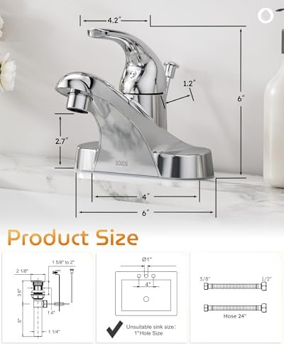 WOWOW Bathroom Faucet 1 Handle Low Arc Single Handle 4 inch Centerset Bathroom Sink Faucet with Lift Rod Drain Assembly Basin Mixer Tap Chrome Vanity Taps