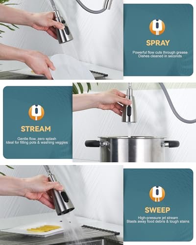 WOWOW Kitchen Faucet with Soap Dispenser: 304 Stainless Steel Kitchen Sink Faucet with Pull Down Sprayer 3 Modes, Single Handle High Arc Mixer Taps for Sink, RV, Laundry, Bar (Brushed Nickel)