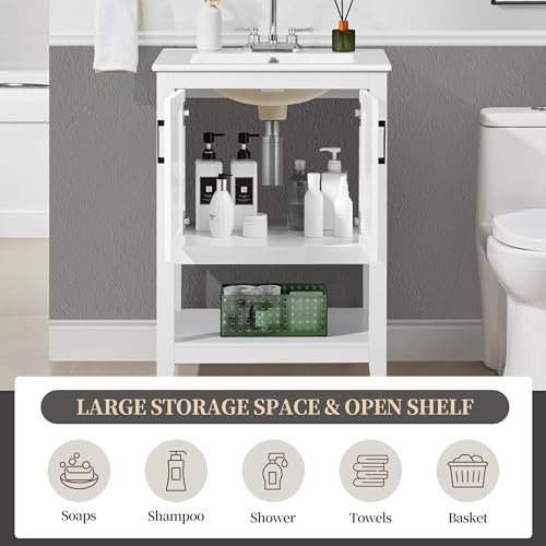 Yaheetech 24" Modern Bathroom Vanity with Sink, Bathroom Sink Cabinet with Rectangular Ceramic Basin, Bathroom Vanities Cabinet with 2 Doors and 1 Open Shelf, White