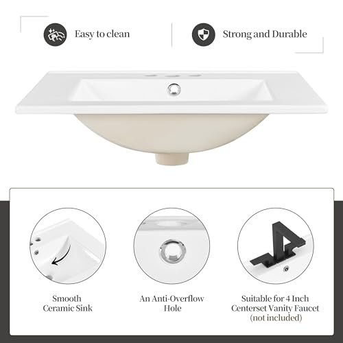 Yaheetech 24" Modern Bathroom Vanity with Sink, Bathroom Sink Cabinet with Rectangular Ceramic Basin, Bathroom Vanities Cabinet with 2 Doors and 1 Open Shelf, White