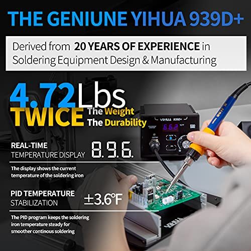 YIHUA 939D+ Digital Soldering Station, 75W Equivalent with Precision Heat Control (392°F to 896°F) and Built-in Transformer. ESD Safe, Lead Free with °C/°F display (Black)