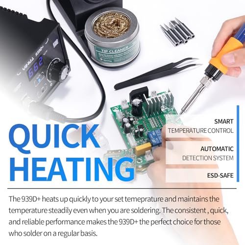 YIHUA 939D+ Digital Soldering Station, 75W Equivalent with Precision Heat Control (392°F to 896°F) and Built-in Transformer. ESD Safe, Lead Free with °C/°F display (Black)