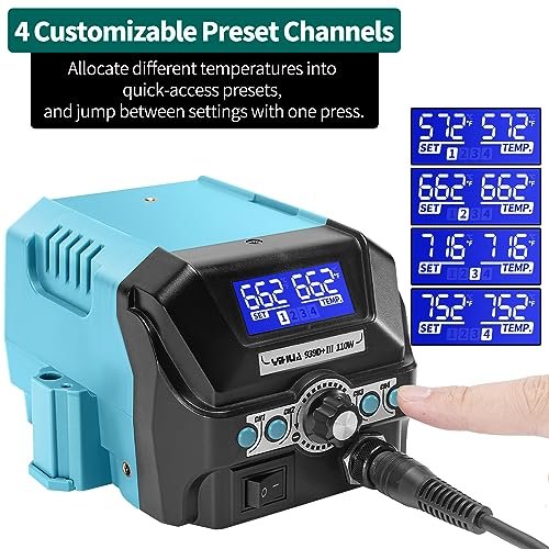 YIHUA 939D+ III EVO Digital Soldering Iron Station Kit 110W High Power with LCD display, 4 Memory Channels, Sleep Mode, Digital Calibration, Solder Wire, Helping Hands, Magnifier, 3 Soldering Tips