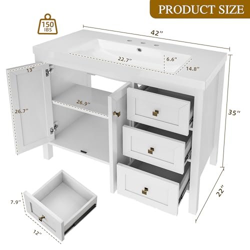 YITAHOME 42" Bathroom Vanity with Sink Set, Vintage Bathroom Cabinet Vanity with Resin Basin, Extra Large Storage with 2 Soft-Closing Doors & 3 Drawers, White