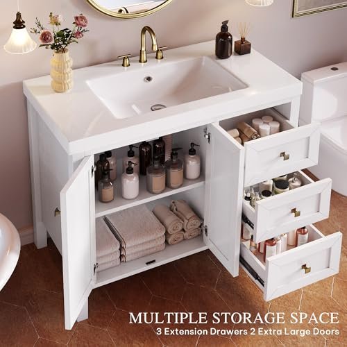 YITAHOME 42" Bathroom Vanity with Sink Set, Vintage Bathroom Cabinet Vanity with Resin Basin, Extra Large Storage with 2 Soft-Closing Doors & 3 Drawers, White