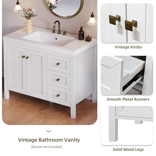 YITAHOME 42" Bathroom Vanity with Sink Set, Vintage Bathroom Cabinet Vanity with Resin Basin, Extra Large Storage with 2 Soft-Closing Doors & 3 Drawers, White