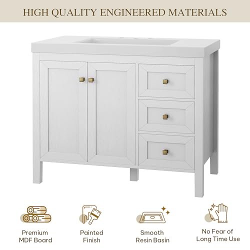 YITAHOME 42" Bathroom Vanity with Sink Set, Vintage Bathroom Cabinet Vanity with Resin Basin, Extra Large Storage with 2 Soft-Closing Doors & 3 Drawers, White