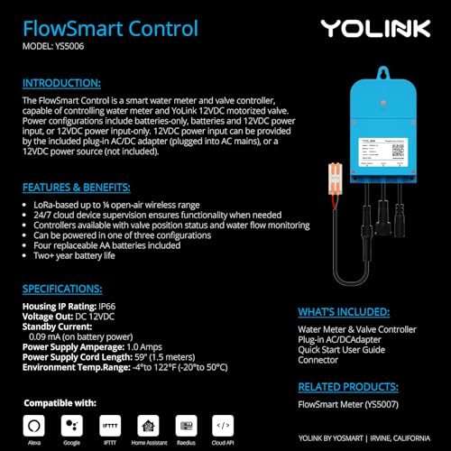 YoLink FlowSmart Control, Water Usage Monitor & Leak Detector: Advanced Smart Home Water Meter & Motorized Shutoff Valve , 0.75 Inch, Hub Included