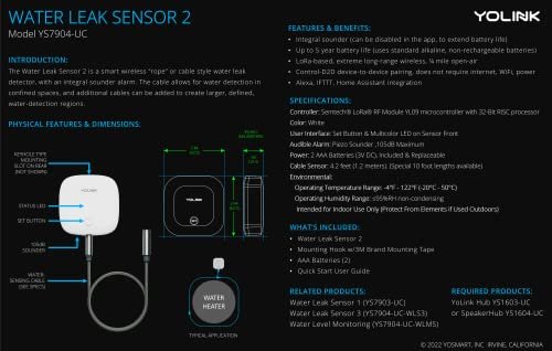 YoLink Water Leak Sensor 2,1/4 Mile World's Longest Range Smart Home Water Leak Sensor,Water Leak Detector with Built-in Siren Up to 105dB,Works with Alexa and IFTTT-YoLink Hub Required,YS7904-UC