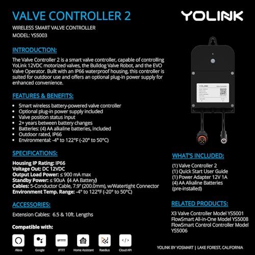 YoLink Wireless Smart Valve Control Kit, 3/4" Brass Motorized Valve, Wireless Valve Controller 2
