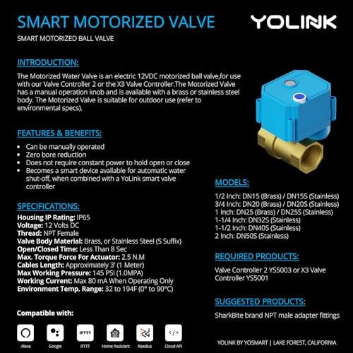 YoLink Wireless Smart Valve Control Kit, 3/4" Brass Motorized Valve, Wireless Valve Controller 2