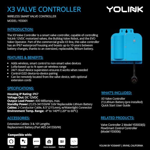 YoLink X3 version Smart Valve Controller with Brass Motorized 3/4 Inch Ball Valve, Battery powered 10 years battery life, App control, Hub required
